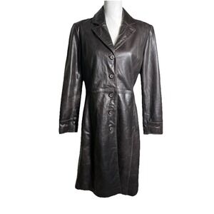 Mossimo Vintage Espresso Long Brown Leather Jacket Button Up Womens Size M